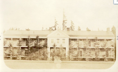 The Fort Ward main barracks, which survived on what is now Parkview Drive from construction around 1910 into the 1980s. The base name was painted in large white letters the roof at one point -- FORT WARD -- to assist military aircraft trying to locate the base. 